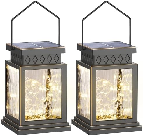 2 Pack Farmhouse Solar Lanterns , Water Ripple Glass & Copper Wire Flickering Light,Outdoor Waterproof Upgraded Solar and 2 AA Batteries Powered, for Outside Porch, Patio and Indoor Tables.