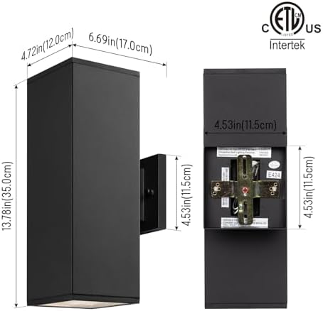 mirrea 14" Modern Outdoor Porch Light in 2 Lights, Matte Black, 2 Pack | Patio wall sconce, aluminum rectangular tube, tempered glass, waterproof. Up & down lighting for outdoor wall mount fixture.