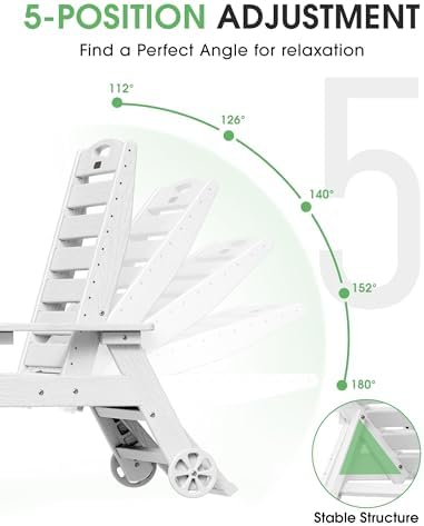 Chaise Lounge Outdoor, Lounge Chair Outdoor with Wood Texture, Adjustable 5-Position Backrest, HDPE Lounge Chair with Wheels & Cup Holder for Pool Deck Backyard, White | All-Weather HDPE lounge chair, 5-level adjustable backrest, wheels and cup holder