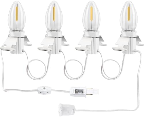 Christmas Village Lights with 4 LED Bulb C7 Accessory White Cord Clip Light | E12 Base Warm White Bulbs for Christmas Village Houses, Halloween Holiday Decoration with On/Off Switch Plugs Spare Fuse