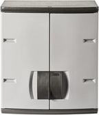 Rubbermaid Wall Mounted Storage Cabinet with Doors 150-Pound Capacity Gray Lockable Three-Shelf Cubbard for Tools/Car Accessories/Cleaning in Home/Garage/Outdoor Areas