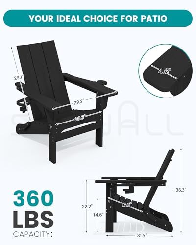 SERWALL Modern Folding Adirondack Chairs Set of 2, HDPE, Cup Holders, Black | Outdoor All-Weather Lawn Adirondack Chairs Wood Grain Lawn Chair Fire Pit Chairs for Patio, Deck