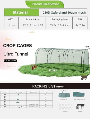 poray large 12.3x4ft tunnel plant netting cover,4.1ft tall shown in use