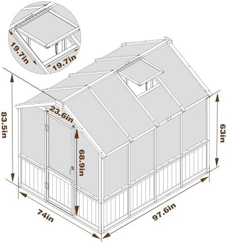 mupater 6 x 8 ft wooden polycarbonate greenhouse, front angle view