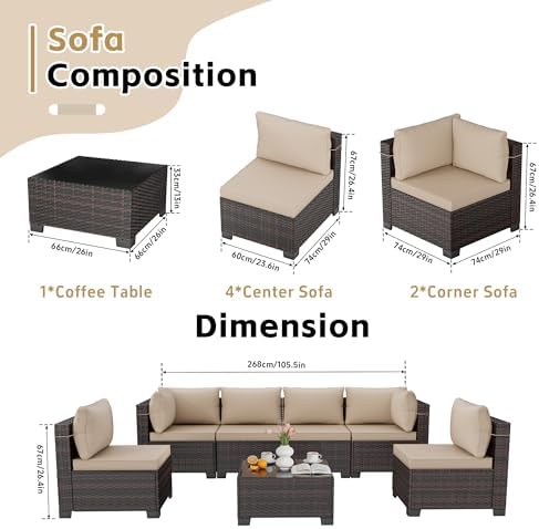 leveleve 7 pieces outdoor patio furniture sets,rattan conversation showing dimensions