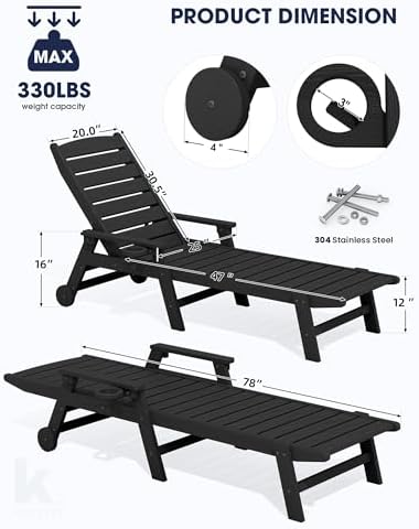 HDPE Lounge Chair Outdoor Set of 2, All Weather Pool Lounger | 5 Position Adjustable Backrest Patio Chaise Lounge with Cup Holder for Outside, Black