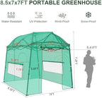 8.5 x 7 ft walk‑in pop‑up greenhouse for shown in use