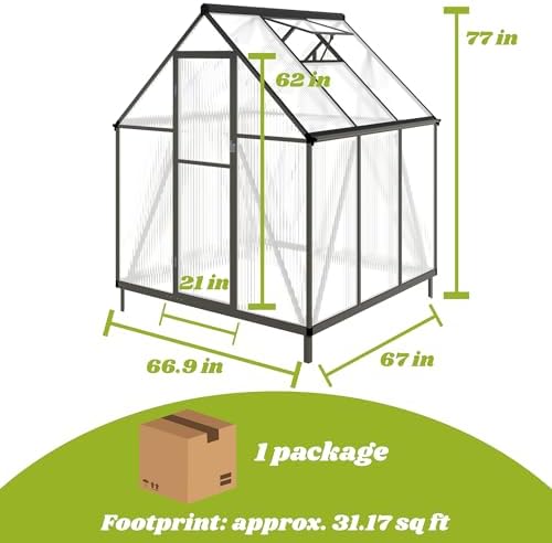 6x6ft outdoor polycarbonate greenhouse with roof vent, dark shown in use