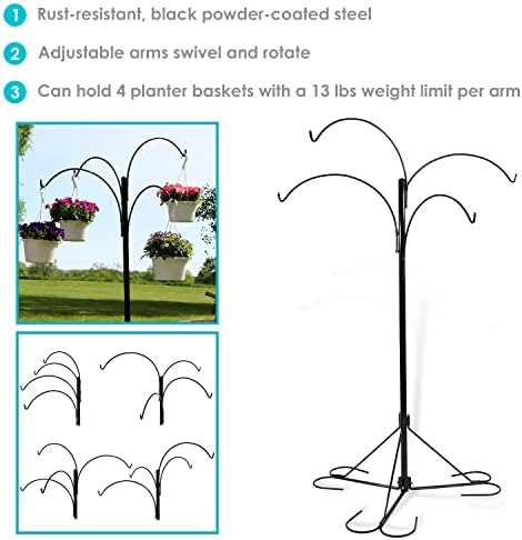 sunnydaze 4-arm hanging basket plant stand with adjustable shown in use