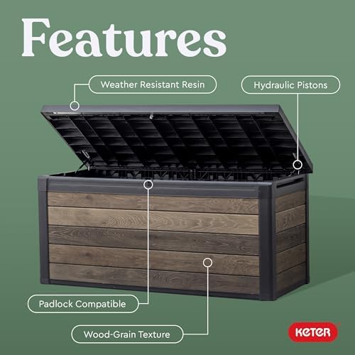 keter signature collection 150 gallon resin deck box, side view