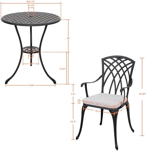 nuu garden bistro set 3 piece outdoor cast showing dimensions