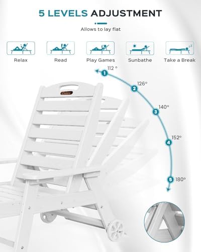 Lounge Chair Outdoor Set of 4, Oversized Chaise Lounge Chair with 5 Positions, HDPE, Patio Lounge Chairs with Wheels & Cup Holder for Lawn, Pool, Deck, Poolside, White