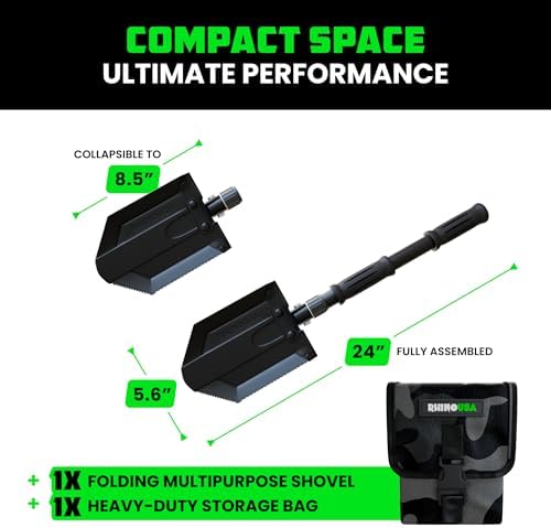 rhino usa survival shovel with pick - military showing dimensions