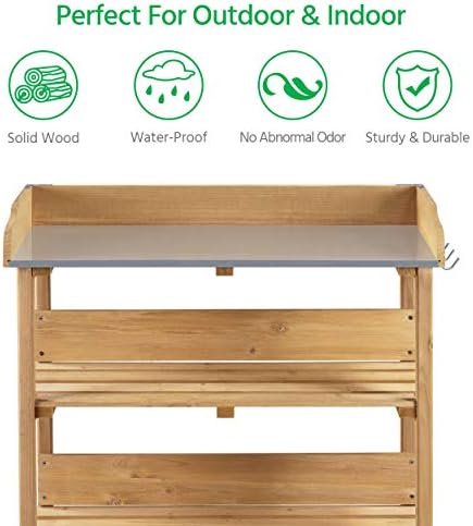 yaheetech potting bench outdoor console table w/3-tier storage,natural showing dimensions