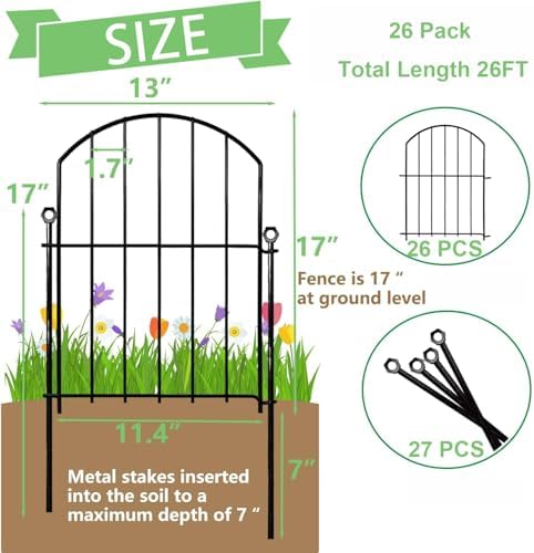 decorative garden fence 17in(h)x13in(w), 26 pack rustproof metal shown in use