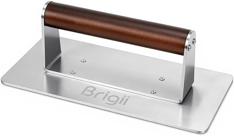 Brigii Smash Burger Press, Rectangular Grill Press, Bacon Press, Heavy Duty | Stainless steel, smooth surface, heat-resistant wooden handle, dishwasher safe, no seasoning, patties, steak, chicken, BBQ