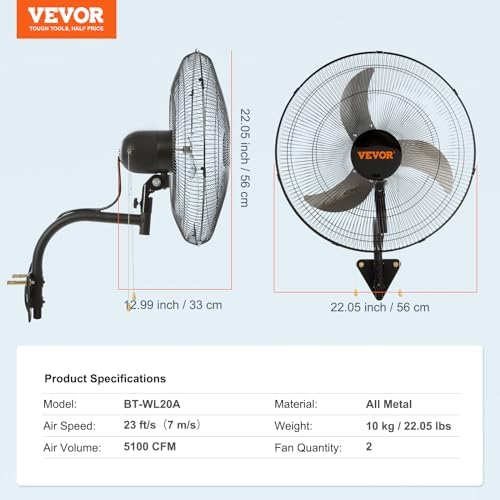 vevor 20 inch wall mount fan, oscillating, 3-speed on a desk or shelf