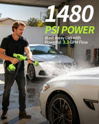 cordless portable washer, 1480 psi battery operated washer shown in use