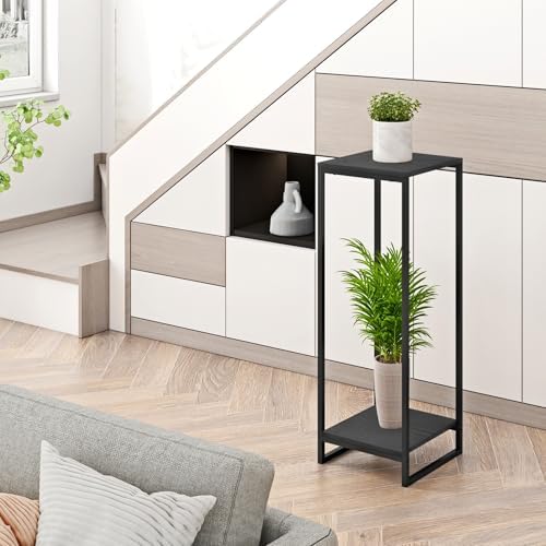 34" tall 2-tier corner plant stand indoor, black, front angle view