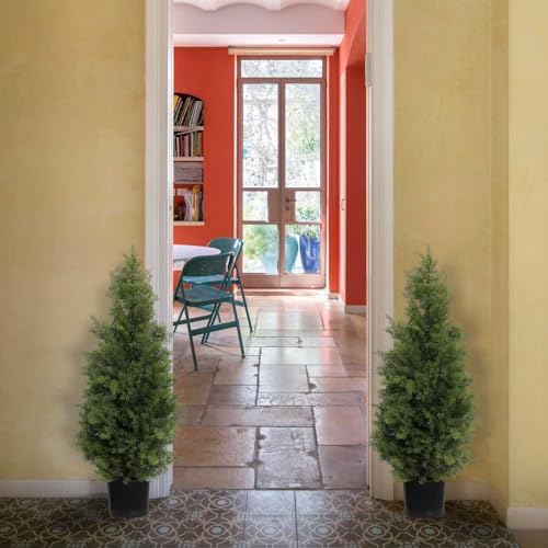 aveyas 3ft artificial cedar topiary trees for outdoor, front angle view