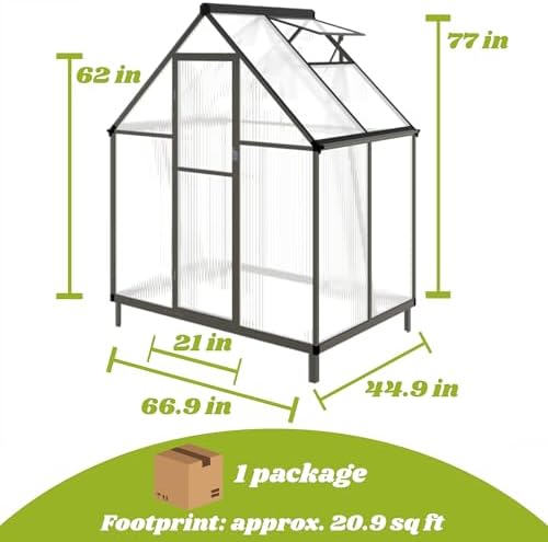 6x4 ft greenhouse with polycarbonate panels vent, dark shown in use