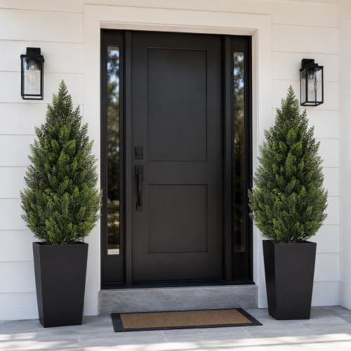 4ft artificial topiary trees with black planter, tall, close-up detail