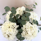real touch white faux hydrangea and eucalyptus, floral, front angle view