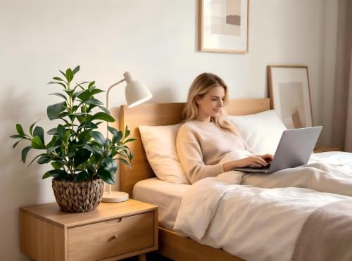 alphaacc fake indoor ficus plant in rattan basket on a desk or shelf