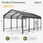 aoxun 12x20 ft metal carport heavy duty carport showing dimensions