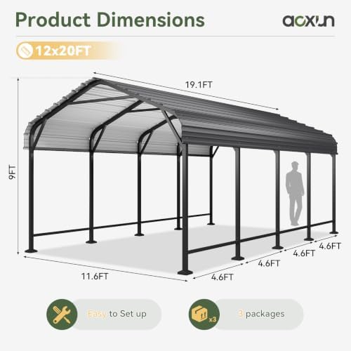 aoxun 12x20 ft metal carport heavy duty carport showing dimensions