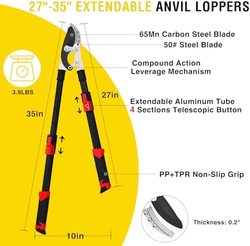 yesker 27-35" extendable loppers for tree trimming heavy, close-up detail