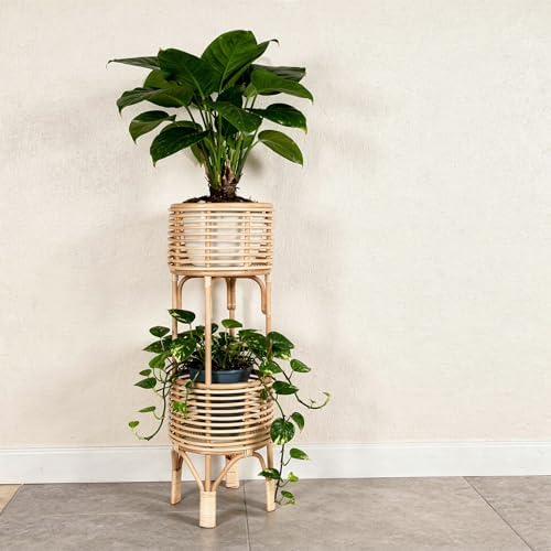 kouboo rattan indoor two-tier plant stand, natural planter on a desk or shelf