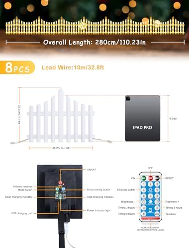 hopolon 8 pack lighted garden fence, 11.1in (h) showing dimensions