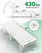 YEFU Lounge Chair Outdoor Set of 2, HIPS Chaise Lounge Outdoor, White | Lounge Chair with Wheels & Cup Holder, 5-Level Adjustable Backrest,Weather Resistance, Easy to Assemble, For Patio/Beach/Pool