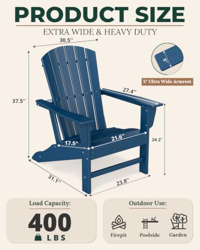 BRIOPAWS Oversized-Adirondack-Chairs Set of 2 | HDPE | All Weather | Blue | 400lbs Maximum Weight Limit, Plastic Fire Pit Chair, 22" Extra Wide Seat, Heavy Duty for Decks, Outdoor, Poolside