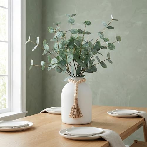 artificial eucalyptus stems in large white vase ,18", side view