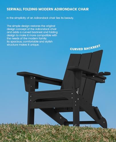 SERWALL Modern Folding Adirondack Chairs Set of 2, HDPE, Cup Holders, Black | Outdoor All-Weather Lawn Adirondack Chairs Wood Grain Lawn Chair Fire Pit Chairs for Patio, Deck