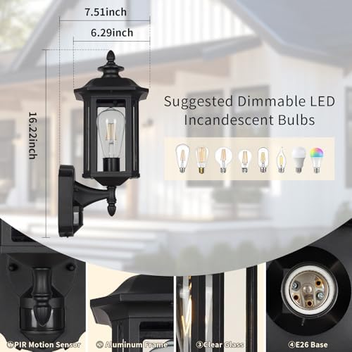 JYO 16" Motion Sensor Outdoor Wall Light Fixtures, Outdoor Wall Sconce with Seeded Glass & E26 Socket Matte Black Wall Mount Exterior Waterproof Wall Lantern for House Front Door Garage (01-BK-MA)