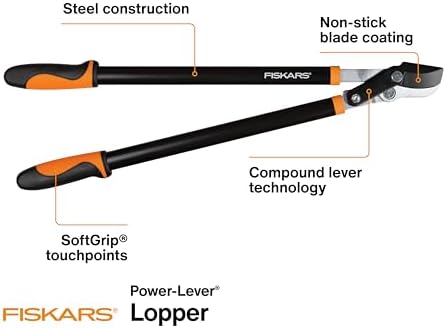 fiskars 28" power-lever garden bypass loppers, 1.75" cut, close-up detail