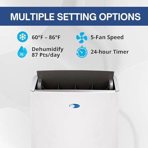 whynter dual hose smart portable air conditioner, 14000 on a desk or shelf