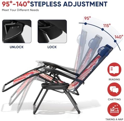 Athena Collection Zero Gravity Chair, Outdoor Lounge Chair- Us Flag | with Adjustable Pillow and Cup Holder, Reclining Camping Chair for Outside Beach Lawn Garden Patio Poolside