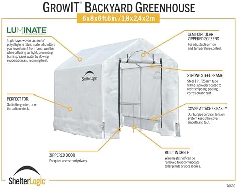 shelterlogic 6' x 8' x 6.5' growit greenhouse, side view