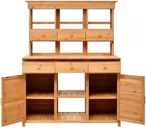 lumisol garden potting bench table with hutch, solid showing dimensions