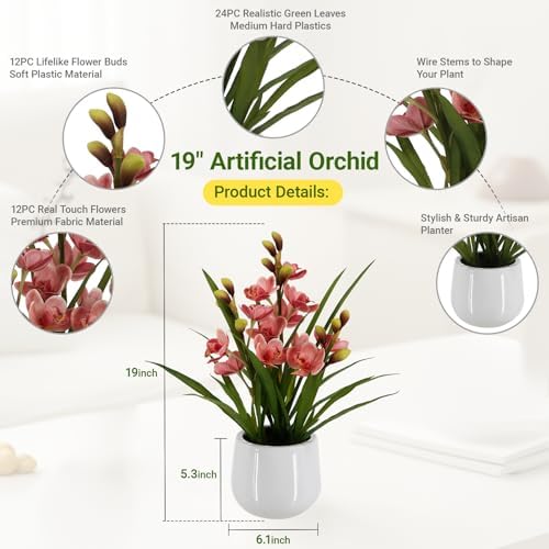 faux orchid plant 19" tall, realistic touch leaves shown in use