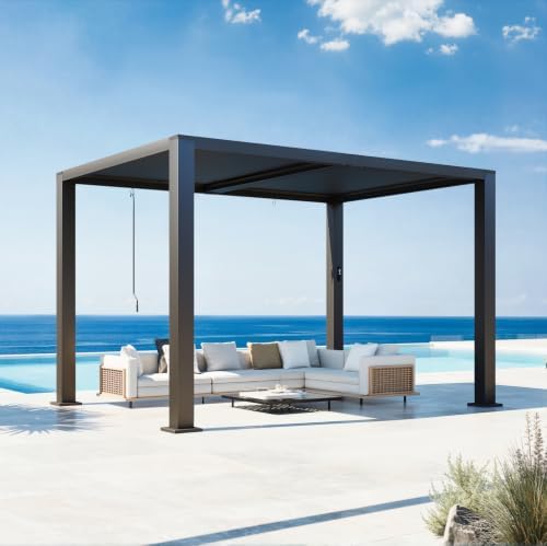 aoxun motorized louvered pergola 9'x12' with led lights shown in use