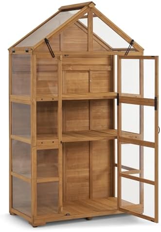 mcombo wooden greenhouse with roof & adjustable shelves, main product view
