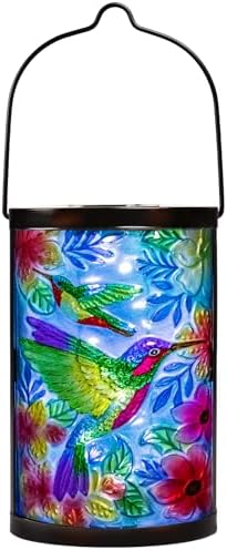 Hummingbird Solar Lantern, Hanging Glass Outdoor Garden Light | Raised hummingbird artwork, colorful fused glass, warm dusk glow, solar auto on/off, hang or stand on patio, porch and garden