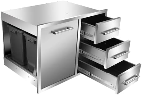 outdoor kitchen drawer combo, bbq access trash drawer, side view
