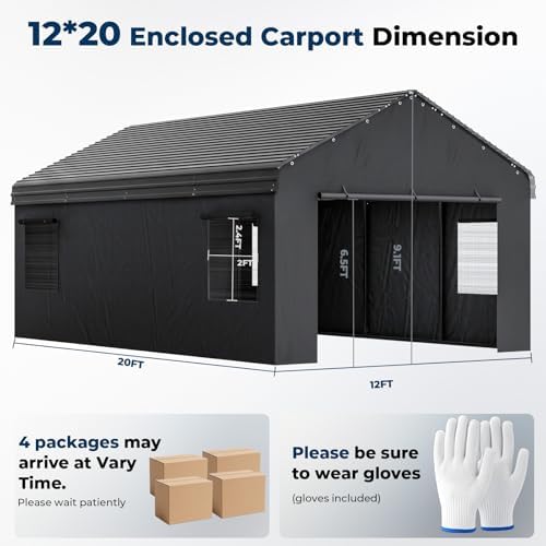 homshade 12x20ft metal carport with removable sidewalls & shown in use