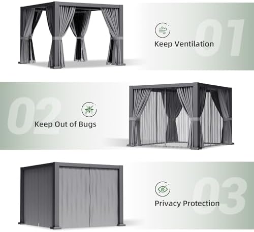 aoxun louvered pergola 12x16 all-aluminum, waterproof curtains and, side view